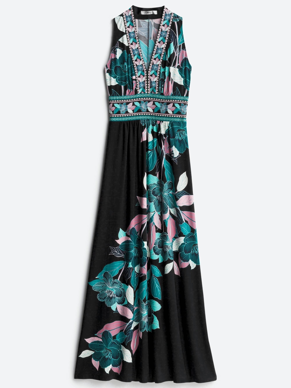 Maggy London- Ella Black Maxi Dress with Teal & Pink Floral Print Size 8 Petite